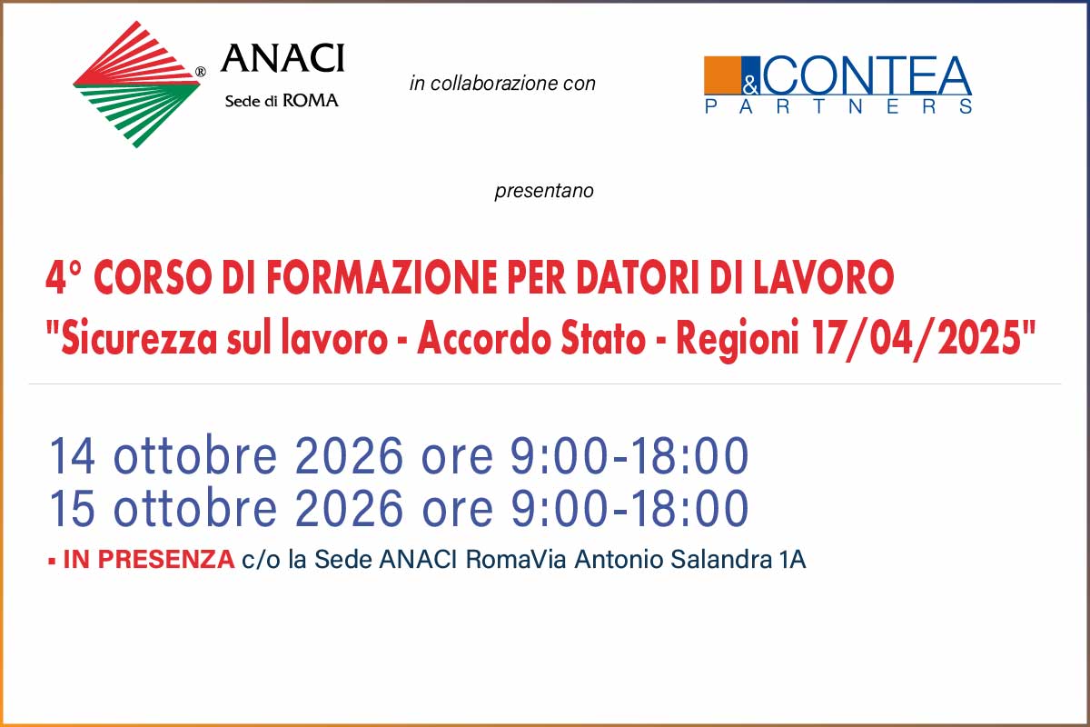4 CORSO PER DATORI DI LAVORO 14 e 15 OTTOBRE 2026